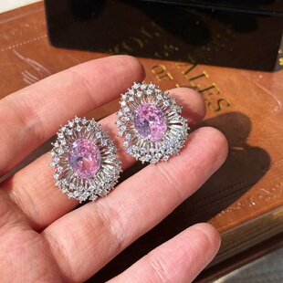 璀璨粉色锆石烟花轻奢夸张高级感耳钉s925银针 气质宫廷风耳环