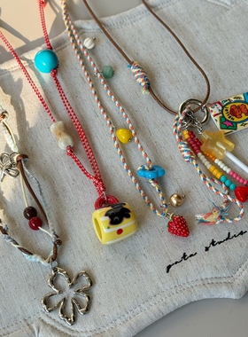 韩系原创复古气质甜美可爱彩色多巴胺滴油小熊项链毛衣链ins风