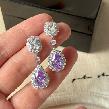 法式轻奢紫色锆石水滴高级感气质奢华耳钉s925银针 晚宴耳环
