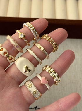 铜镀金中古白色滴釉系列撞色爱心十字架开口可调节戒指指环