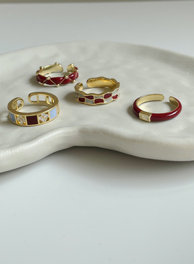 法式红色系滴釉戒指 铜镀金ins风开口可调节小众设计高级感食指戒
