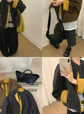 23354设计感撞色小个子百搭减龄毛呢外套简约显瘦休闲夹克上衣女