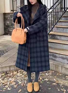 23252连帽格子双面羊绒呢子大衣长款韩系设计感廓形羊毛呢外套女