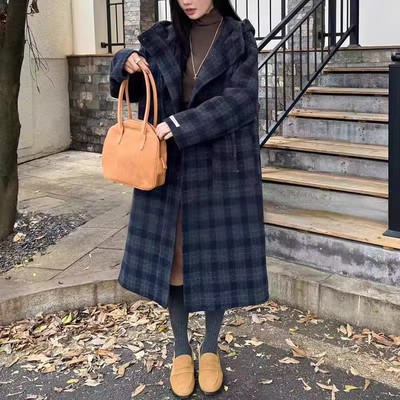 23252连帽格子双面羊绒呢子大衣长款韩系设计感廓形羊毛呢外套女