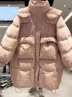 20858加厚！300克！大口袋连帽羽绒服显白高级淡粉色白鸭绒外套女