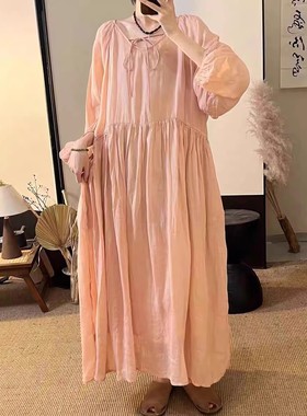 22387小莲~心型领系带灯笼袖双层苎麻连衣裙净版法式温柔风长裙女