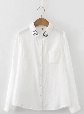 13859猫咪刺绣polo领双层纱纯棉衬衫单排扣宽松大码百搭衬衣开衫