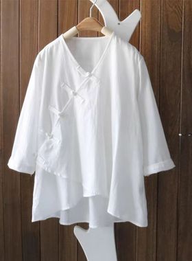 21087文艺复古新中式汉服士斜襟盘扣棉麻小衫V领休闲七分袖上衣女