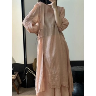 19259小莲 袍子花边系带长裙 手工盘扣斜襟高端苎麻连衣裙高端薄款