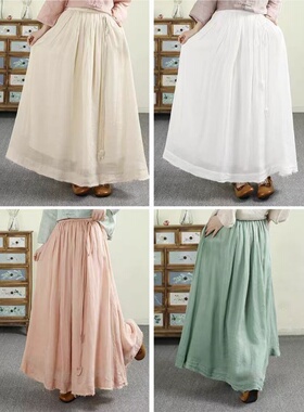 小莲~22591松紧腰毛边流苏大裙摆双层苎麻半身裙飘带百搭A字裙女