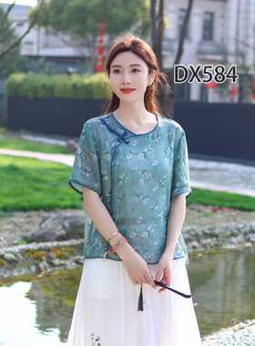 19344复古国风印花精细100%苎麻小衫宽松盘扣刺绣上衣圆领短袖T恤