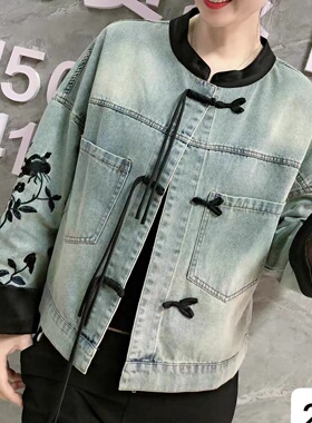 18318改良新中式牛仔外套盘扣流苏植绒刺绣长袖单排扣夹克上衣女