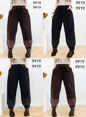 10095森系条绒全棉灯芯绒休闲裤松紧腰大码裤脚钩花刺绣灯笼裤女