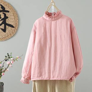 23381小家碧玉花边木耳边领夹棉苎麻小棉袄宽松显瘦打底套头棉服
