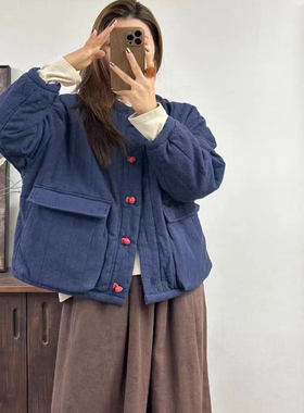 麻雀~23472冬季新款复古中式国风盘扣砂洗纯亚麻夹棉保暖棉服外套