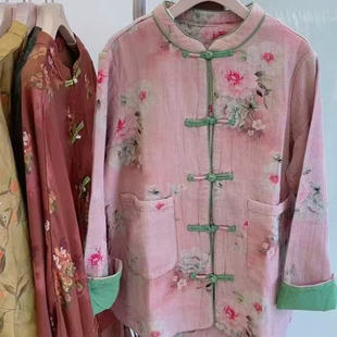 21037新中式盘扣长袖麻纱外套宽松显瘦印花国风上衣民族风衬衣女