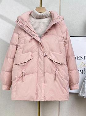 20320中长款韩版连帽白鸭绒羽绒服宽松时尚圆扣保暖面包服外套女