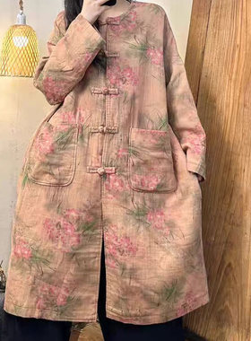 小莲~22323新中式手工盘扣双层斜纹棉过膝长款大外套定位炒色印花