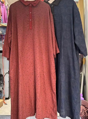 18511复古砂洗炒色麻纱连衣裙宽松遮肉印花衬衫裙百搭半开扣长裙