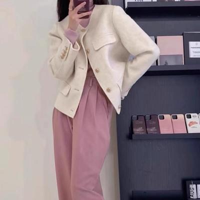 单排扣长袖圆领羊毛呢外套女