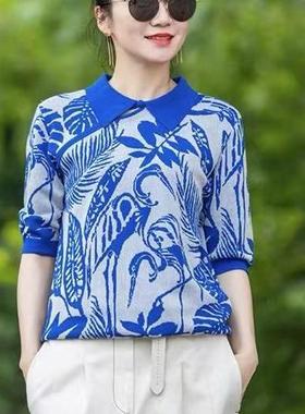 20802千鹤图斜门襟翻领双织提花针织衫国风洋气百搭打底上衣毛衣