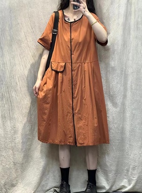 12477欧洲站撞色包边全棉衬衫裙连衣裙圆领不对称压褶开衫长裙女