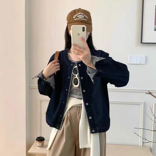 复古撞色圆领格纹牛仔外套夹克女