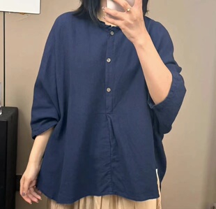 13955花瓣领棉麻提花衬衣胖mm宽松大码两侧压褶套头显瘦纯色上衣