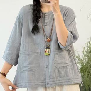 软糯亲肤双层棉纱衬衫 22568夏季 下摆抽绳宽松显瘦单排扣衬衣上衣