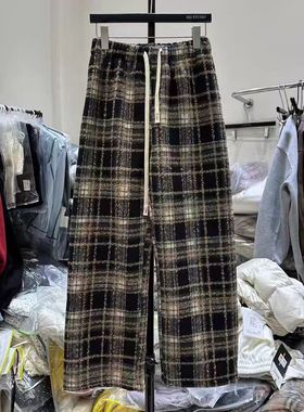 20814复古安哥拉红格子加绒加厚高腰垂感直筒阔腿裤毛呢拖地长裤