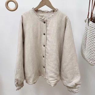 麻小姐~23731木耳花边森系汉麻夹棉棉衣单排扣保暖外套百搭棉服女