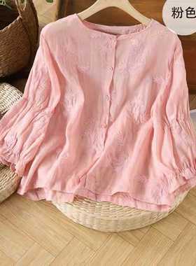 19181小莲~重工刺绣苎麻小衫松紧抛抛袖周身绣花上衣薄防晒开衫女