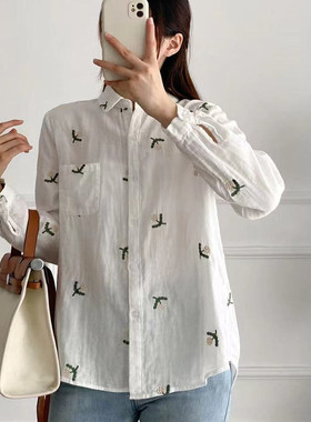 21188纯棉双层纱长袖衬衫女翻领文艺风周身满绣柔软防晒衣开衫女