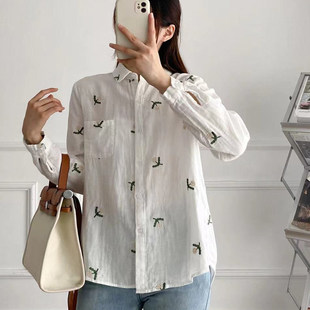 女翻领文艺风周身满绣柔软防晒衣开衫 女 衬衫 21188纯棉双层纱长袖