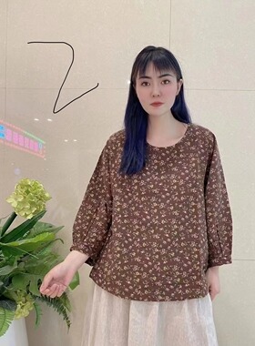 12119文艺复古印花棉麻T恤上衣圆领灯笼袖娃娃衫宽松大码百搭小衫