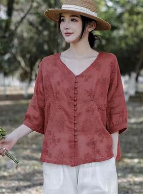 22705莲子美衣~特包扣周身满绣V领苎麻小衫百搭刺绣上衣禅意茶服