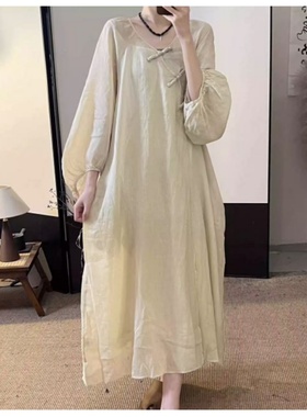 19540小莲~禅意盘扣斜襟双层苎麻连衣裙灯笼袖宽松两件套袍子长裙