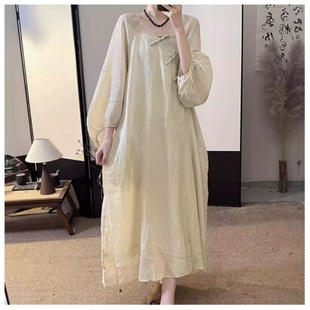 19540小莲 宽松两件套袍子长裙 禅意盘扣斜襟双层苎麻连衣裙灯笼袖
