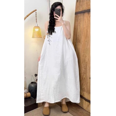 森系减龄刺绣双层棉纱吊带裙显瘦