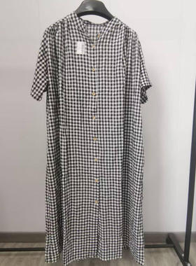 22552大版胖MM日系减龄全棉格子连衣裙宽松显瘦百搭休闲衬衫裙女