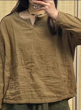 21066春季新款简约纯色百搭柔软亲肤双层棉纱长袖衬衫显瘦衬衣女