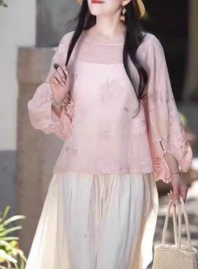 19267小莲~重工刺绣领口系带苎麻小衫水滴袖周身绣花上衣显瘦百搭