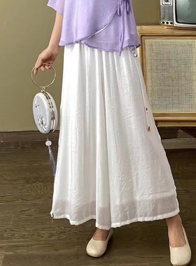 12355纯棉内衬丝麻休闲裤刺绣盘扣飘带松紧腰仙仙裤阔腿裤裙裤女