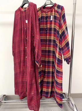 14762复古双层纱亚麻格子衬衫裙连衣裙立领单排扣大码长裙开衫女