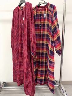 14762复古双层纱亚麻格子衬衫裙连衣裙立领单排扣大码长裙开衫女