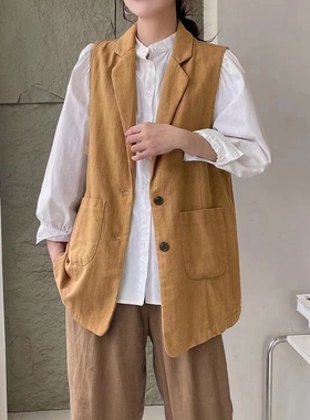 13992早秋内里精包边55麻小西装马甲单排扣无袖宽松休闲坎肩外套
