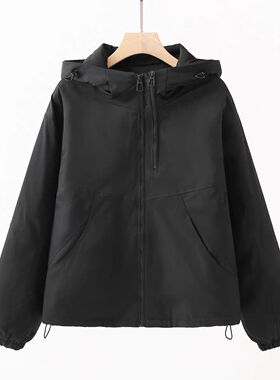 23429派克服双拉链宽松显瘦夹薄棉冲锋衣百搭净色连帽休闲外套女