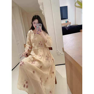 22619麻印`清冷风盘扣苎麻长袖连衣裙女长款飘逸大摆茶服禅静袍子