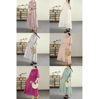 风琴压褶设计减龄双层苎麻连衣裙