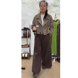 20396秋冬人字纹双面羊绒大衣西装领短款小个子韩版宽松毛呢外套